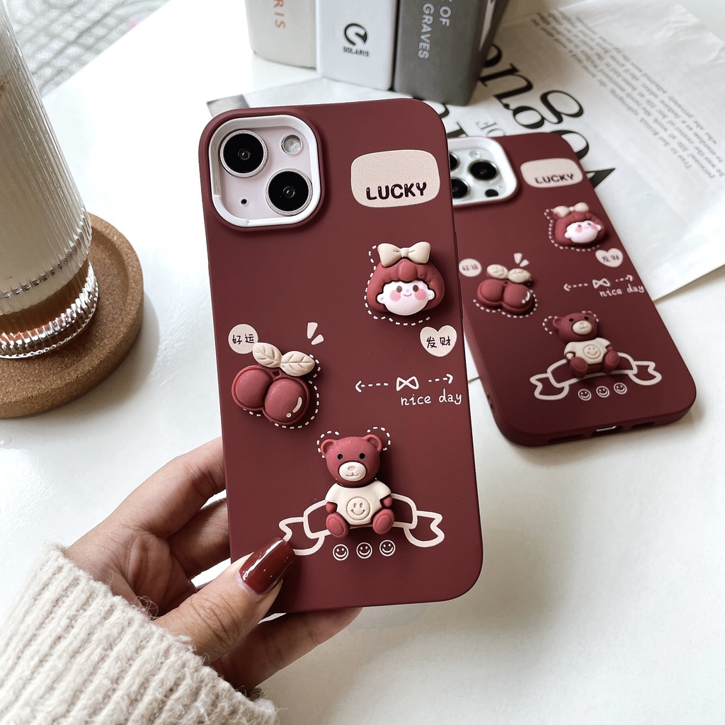 Ốp TPU đỏ tách viền cam gắn charm nổi bé gái Cherry ip 7plus/8plus/X/Xs/Xsmax/11/11promax/12/12pro/12promax/13/13promax