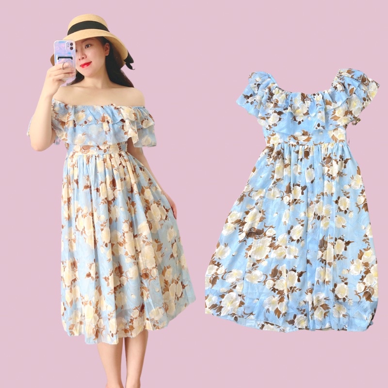 Đầm maxi hoa đi biển trễ vai bèo👗clip + ảnh thật👗 tơ lụa mềm mượt cao cấp