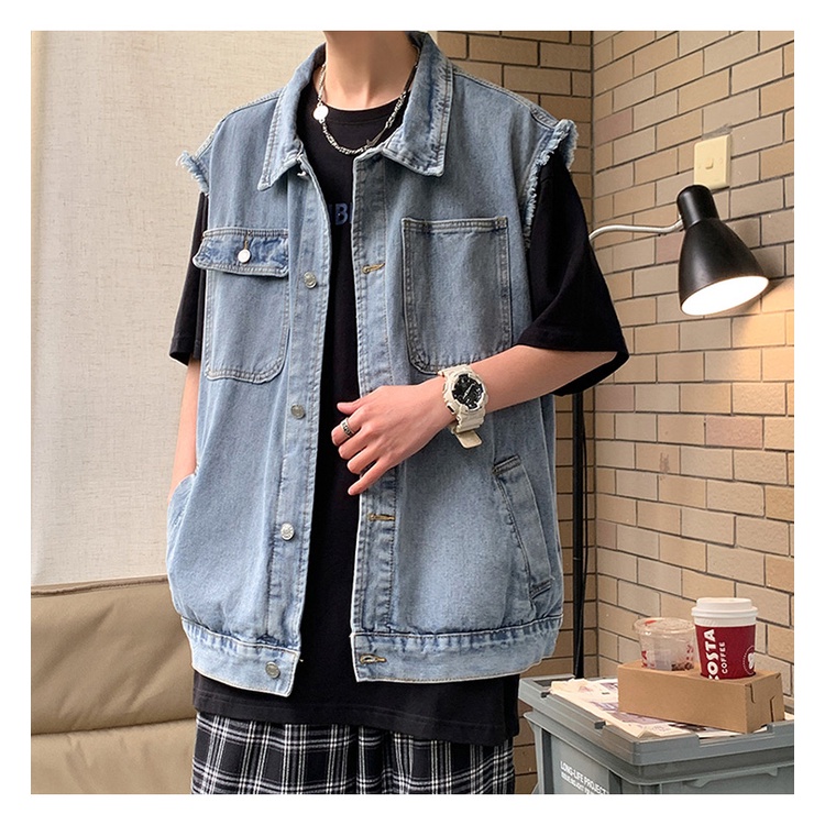 Áo jean gile nam form rộng, áo ghi lê nam kiểu vest jean dáng rộng phong cách hiphop 8002