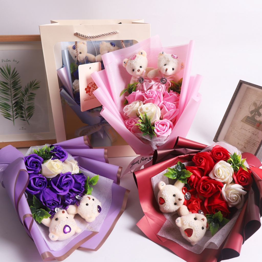 Bộ 10 Gấu Bông Hoạt Hình Đính Hoa Và Gấu Bông Trang Trí Tiệc Cưới