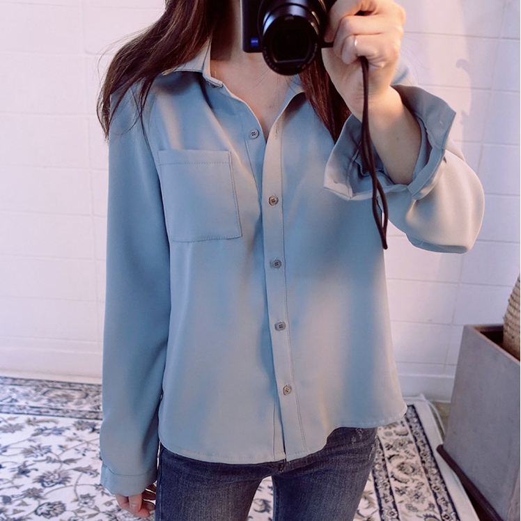 Thời Trang Nữ Áo,Phiên bản Hàn Quốc của áo sơ mi voan dài tay màu rắn,Polyester,Kích Thước S-2XL【lyfs】