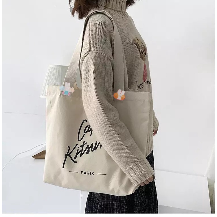 Túi tote khổ vuông vải canvas cao cấp in hình Cafe Kitsune sang chảnh
