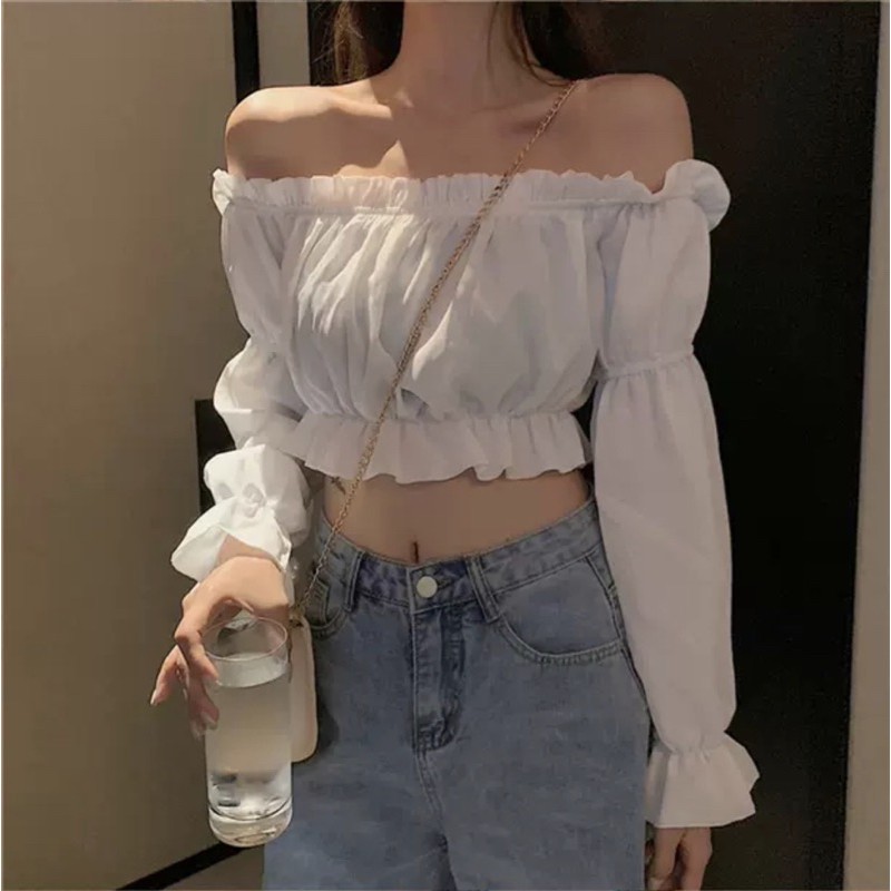 Áo croptop trễ vai dài tay