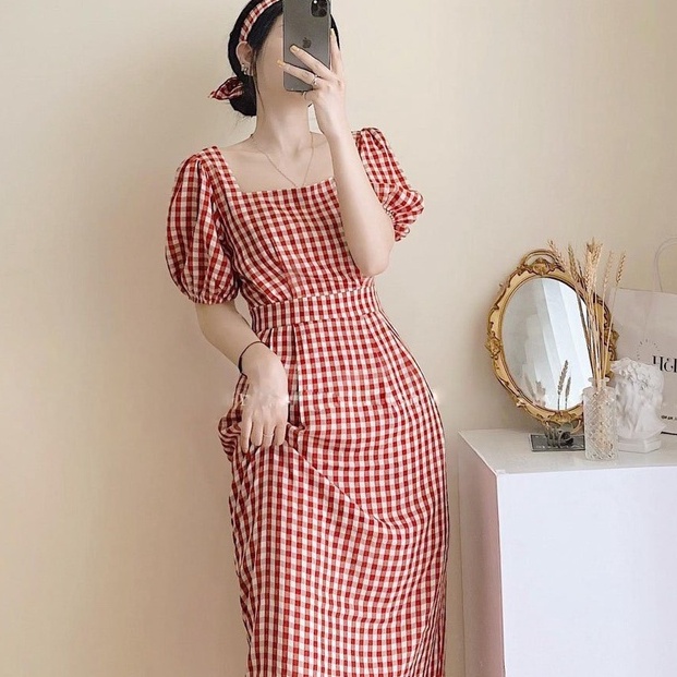Váy Dài Qua Gối Sang Chảnh MER Váy Suông Dáng Dài Siêu Xinh Tay Bồng Cổ Vuông Kẻ Caro Kèm Tu Ban Tôn Dáng Style Hàn V10