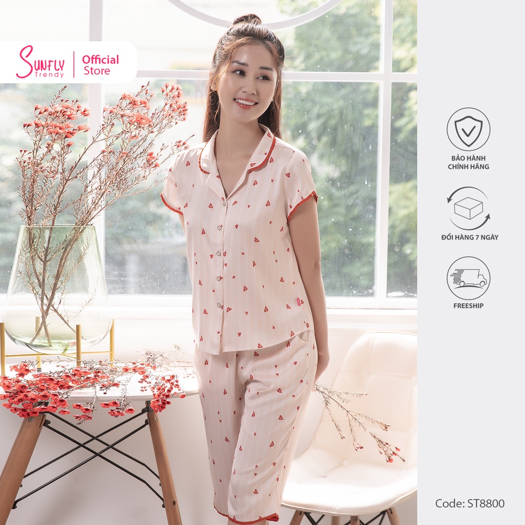 Bộ đồ mặc nhà nữ pijamas lụa SUNFLY áo cộc, quần ngố ST8800