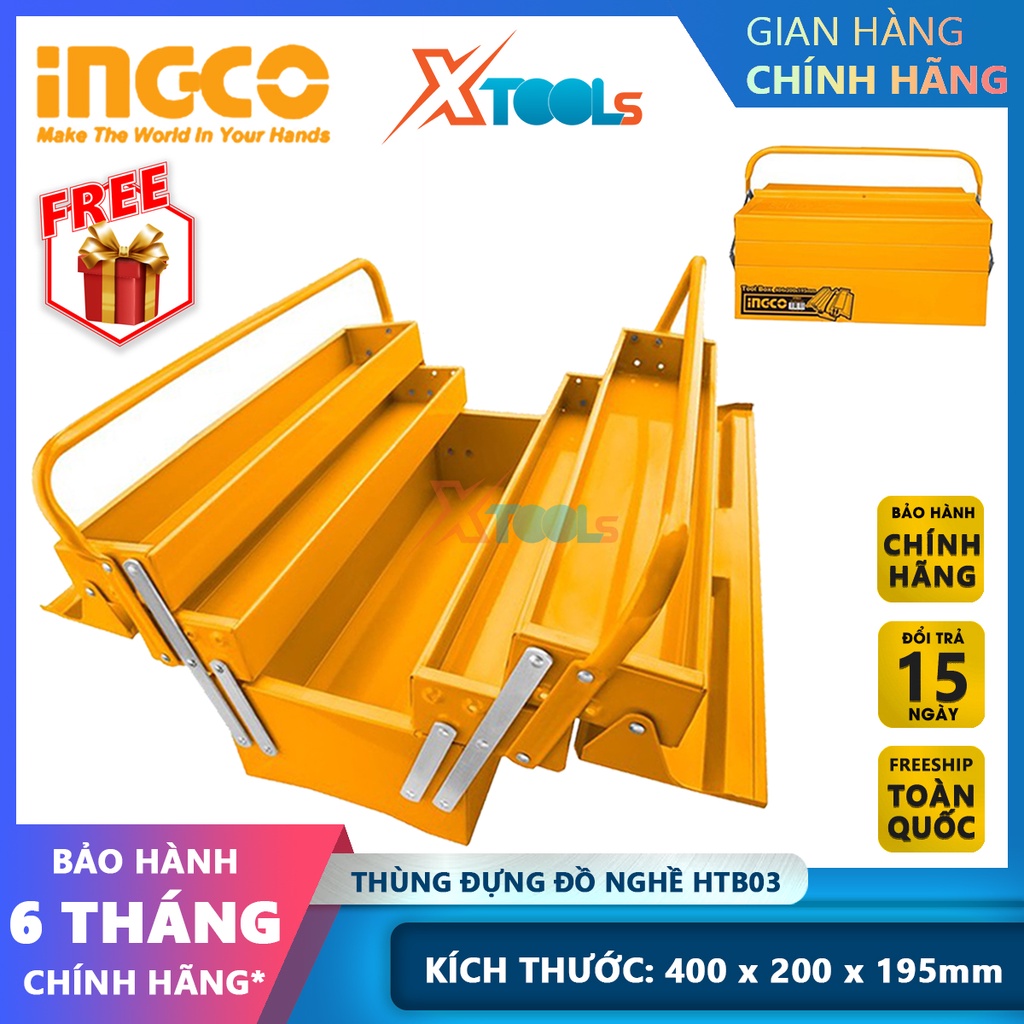 Thùng đồ nghề 3 tầng INGCO HTB03, thùng đựng công cụ kích thước 16'' (400x200x195mm) [CHÍNH HÃNG][XTOOLS]