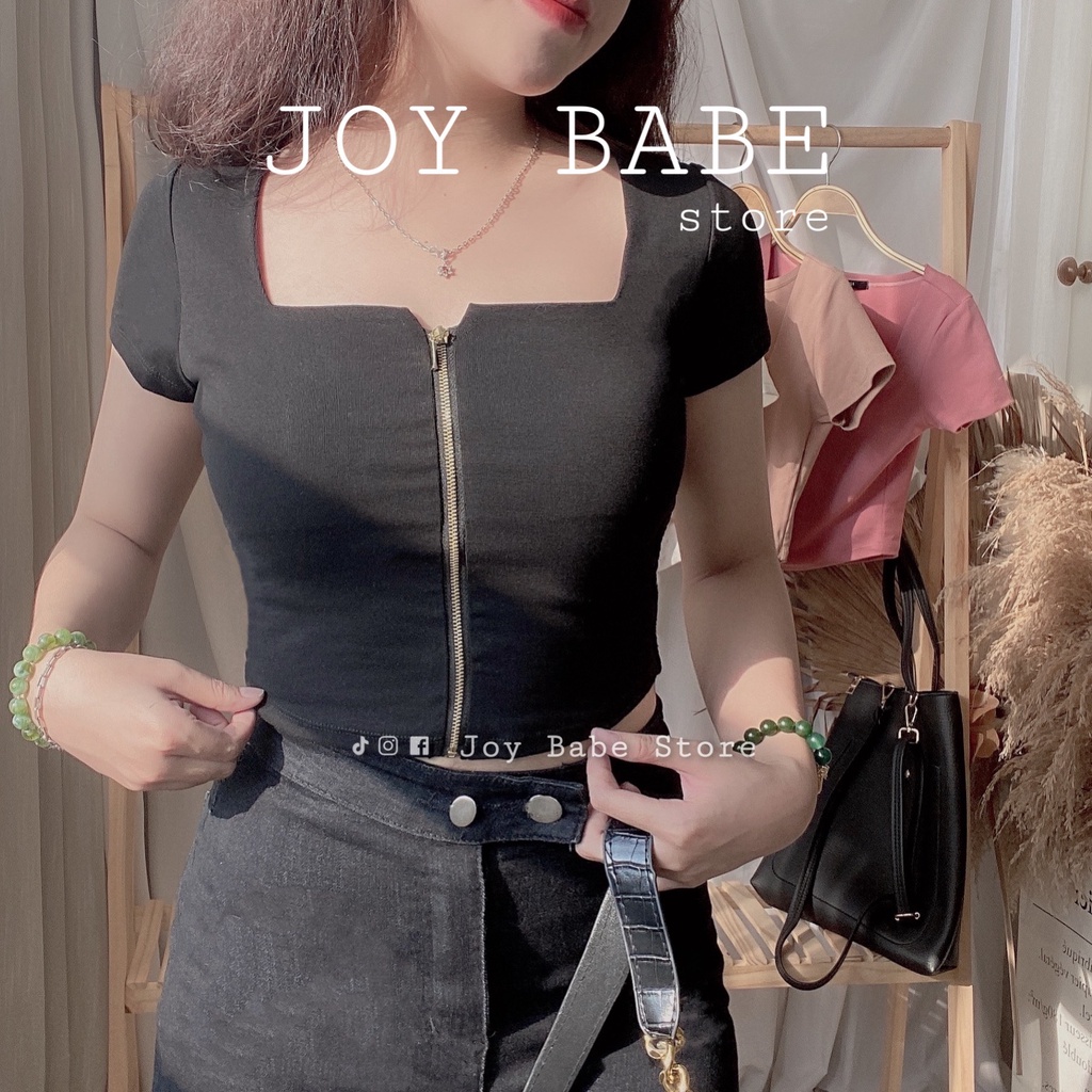 Áo croptop vạt bầu cổ vuông kéo khóa JOY BABE🔥 thun cao cấp chuẩn xịn, ôm body tôn dáng đẹp sexy kiểu hotgirl CRON 7 -4C