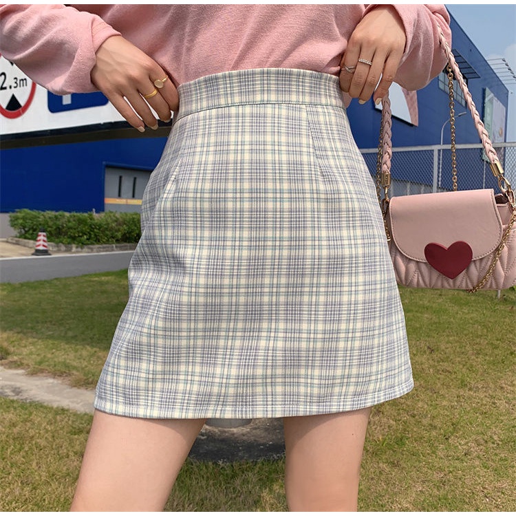 Chân Váy Ngắn Dáng Chữ A Lưng Cao Họa Tiết Sọc Caro Thời Trang Cho Nữ