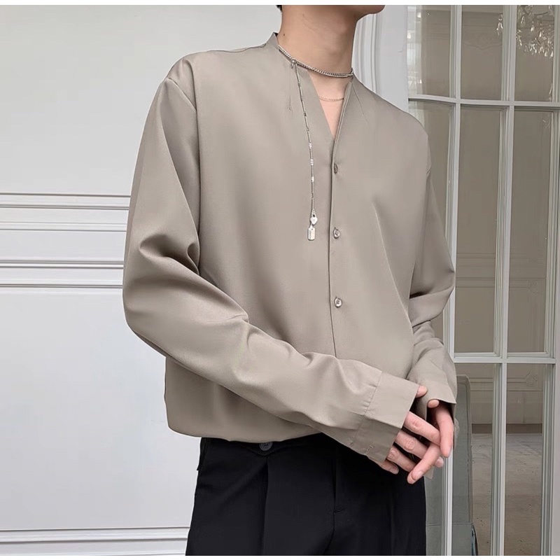 Áo Sơ Mi Không Cổ Tay Dài Phong Cách Đường Phố Thời Trang Cho Nam