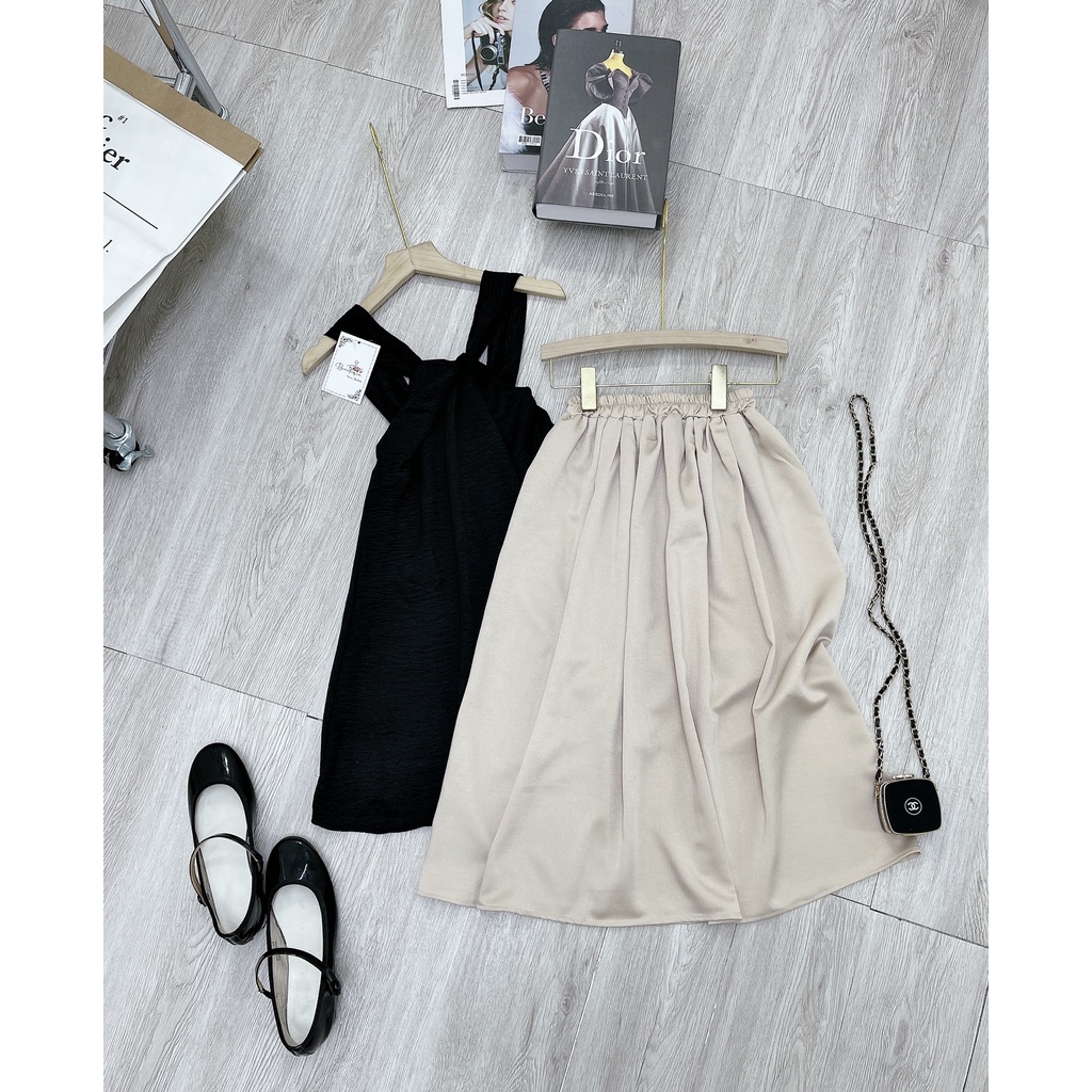 Set lụa hàn cổ chéo mix chân váy midi nữ set chân váy đi du lịch checkin siêu hot DN845