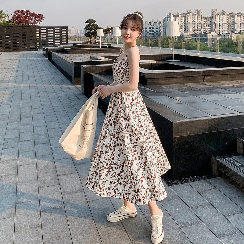 Đầm 2 dây hoa nhí, form rộng, dáng dài, Váy dạo phố