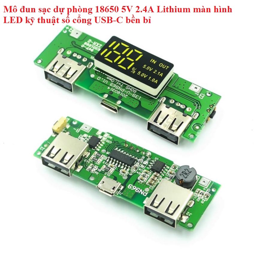 Mô-đun sạc pin lithium dự phòng với đèn LED 2 cổng USB 5V 2.4A 2A 1A Micro / Type-C