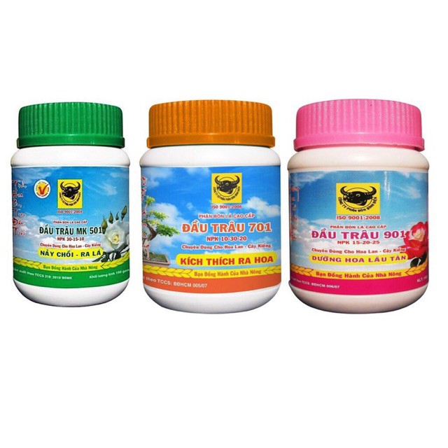 Bộ 3 Hũ 100g NPK Đầu Trâu MK 501 (30-15-10)-701 (10-30-20)- 901 (15-20-25)- Nảy Chồi-Kích Thích Ra Hoa- Dưỡng Hoa Lâu