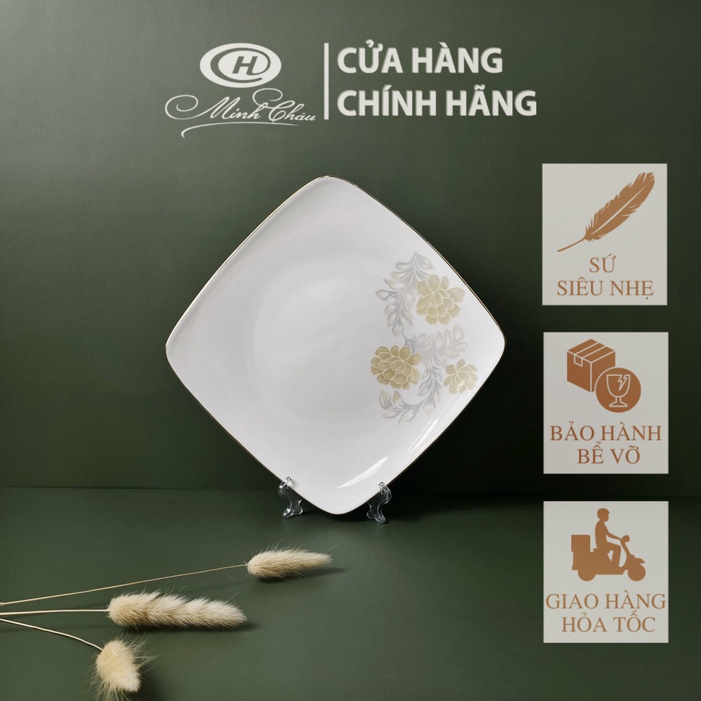 [Sứ Siêu Nhẹ] Đĩa Vuông Sứ Xương Hoa Kẻ Vàng - Sứ Minh Châu