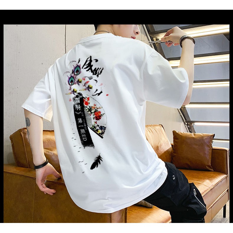 Áo thun tay lỡ Hoa Đào Trên Quạt áo phông trắng basic unisex có size phối cùng quần jean short siêu đẹp