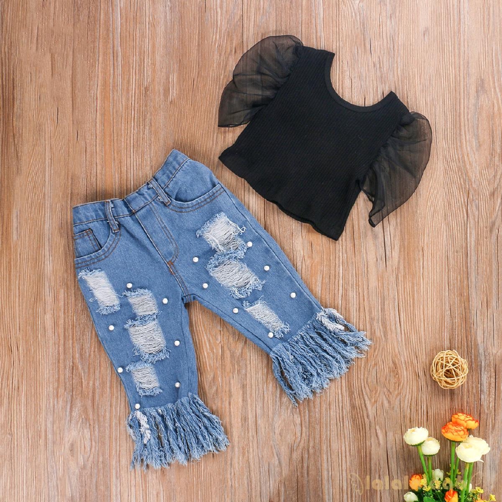 Set áo ren tay phồng + quần jeans kiểu phối rách cho bé gái