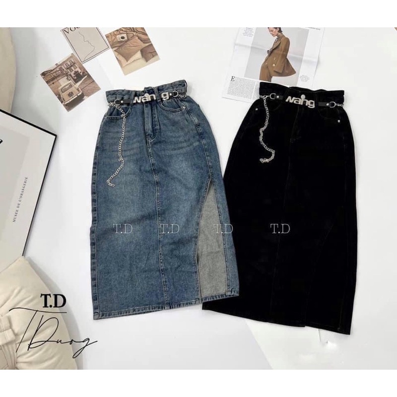 Chân váy jeans dáng dài kèm đai xích chất co dãn 4 chiều