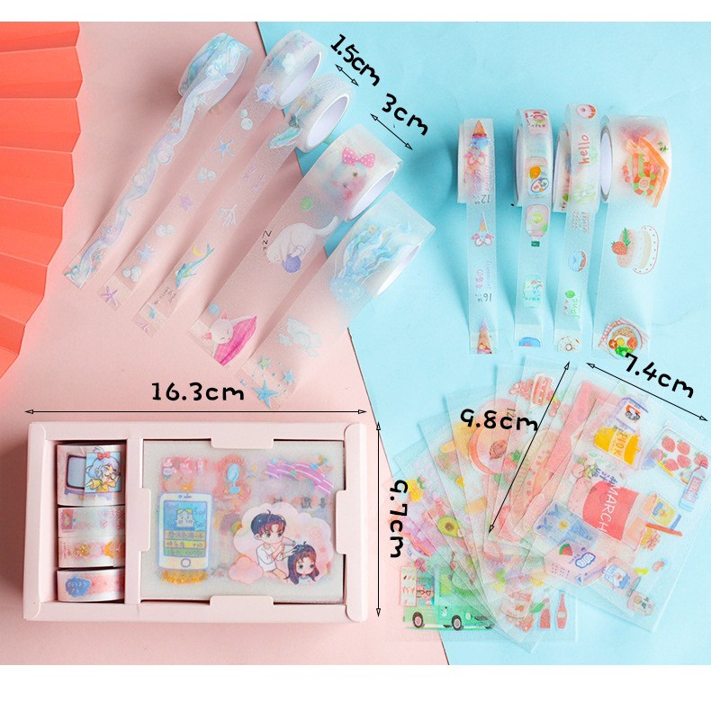 Hộp 4 Washi Tape Trong Nhũ Dài 3m Kèm 12 Tấm Sticker Trang Trí Planner, Scrapbook