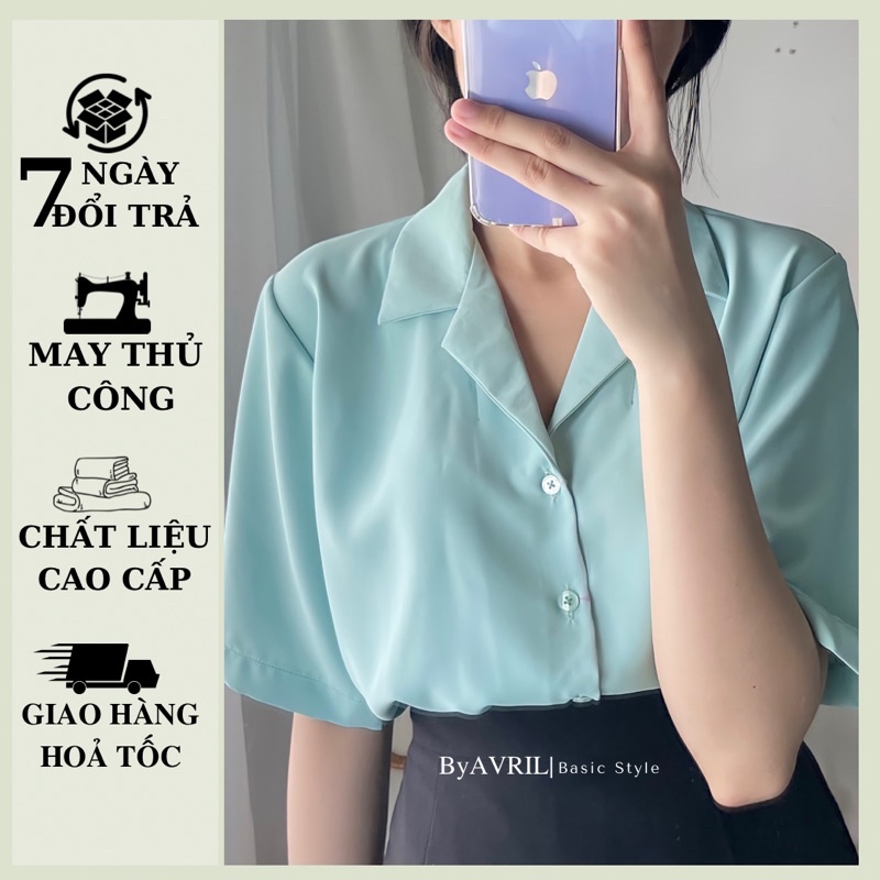 Áo sơ mi nữ tay ngắn cổ vest màu xanh pastel form rộng kiểu Hàn Quốc chất mát không nhăn mã SMCT04
