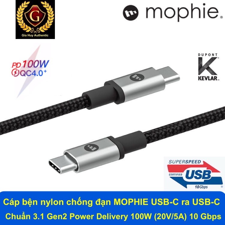 Cáp sạc nhanh Macbook Pro 13 inch, iPad Pro, Note 20 Ultra, S20 MOPHIE USB-C ra USB-C chuẩn 3.1 10Gbps PD 100W dài 1.5m