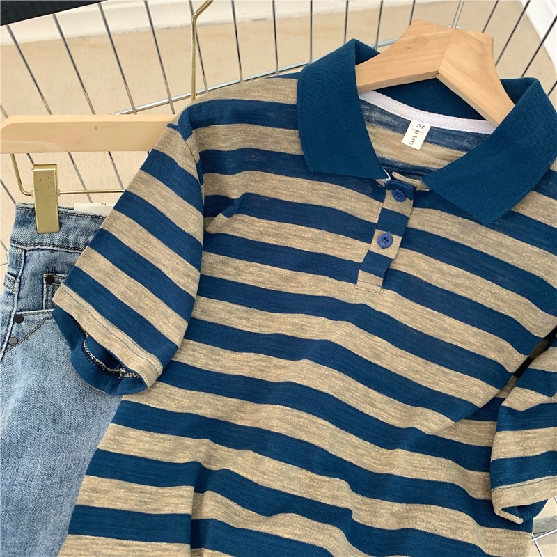 SUXI Áo polo Cotton Ngắn Tay Họa Tiết Sọc Ngang Thời Trang Dành Cho Nữ