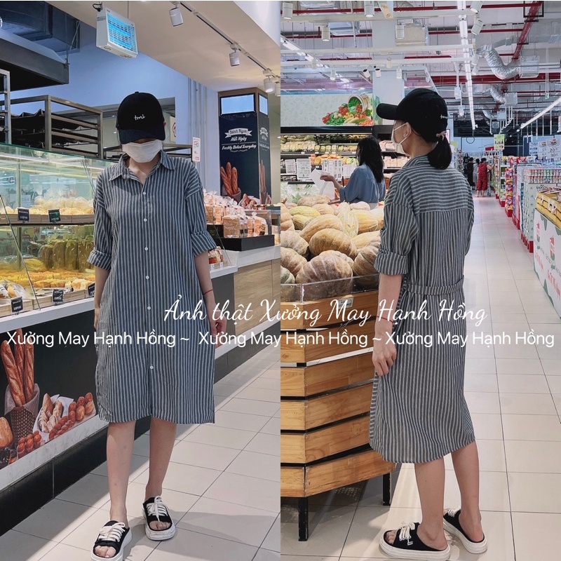 Váy sơ mi kẻ sọc, Đầm sơ mi dài tay họa tiết kẻ sọc phong cách Retro Hàn Quốc nữ tính