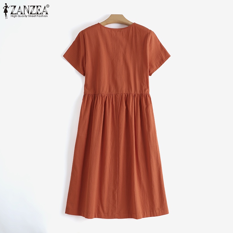 Đầm midi ZANZEA tay ngắn phong cách châu Âu thời trang tùy chọn màu sắc cho nữ