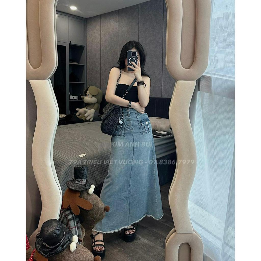 V20 - Chân váy jeans dáng dài bay túi hộp tua rua xẻ sau #7173
