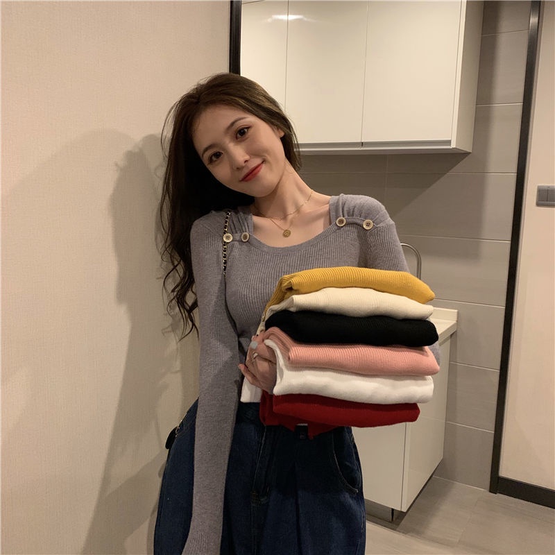 Áo Len Tay Dài Cổ Vuông Thời Trang Phong Cách Hàn Quốc Cho Nữ