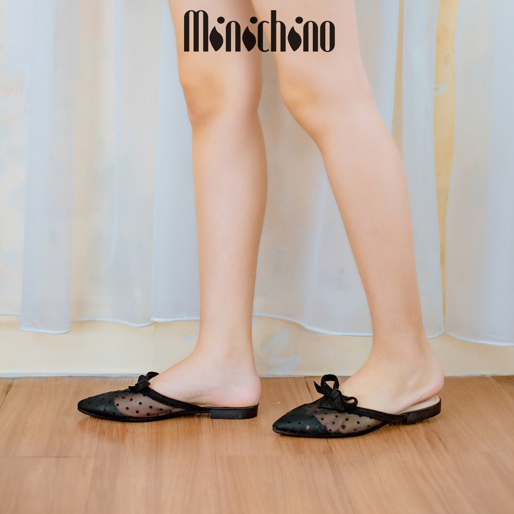 Giày sục nữ MINICHINO mũi nhọn hở gót, chất ren thời trang màu đen TC042 | BigBuy360 - bigbuy360.vn