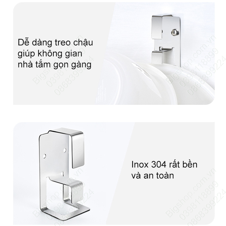 Móc treo chậu thau rửa đa năng nhà tắm inox 304, có keo dán kèm theo, loại đơn hoặc đôi tùy chọn