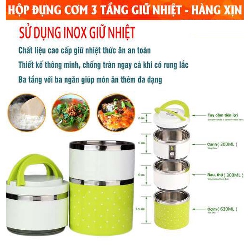 Hộp Cơm Giữ Nhiệt 3 Tầng - Chấm Bi - Ruột Inox