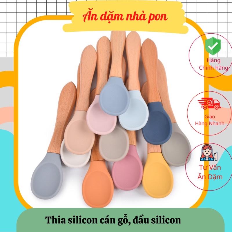 Thìa ăn dặm silicon cán gỗ_ Muỗng ăn dặm silicon cán gỗ cho bé