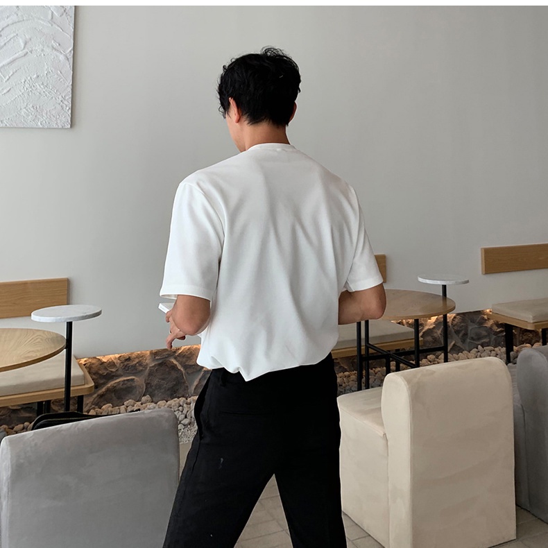 Áo Thun Tay Ngắn Cổ Tròn Màu Trơn Dáng Rộng Thời Trang Mùa Hè Phong Cách Nhật Hàn Cho Nam