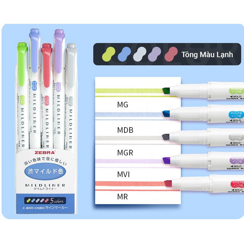 Bộ 5 bút highlight 2 đầu Zebra Mildliner Nhật Bản chính hãng, bút đánh dấu nhiều màu HI04