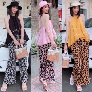 Sét áo cổ yếm hở lưng phối quần beo ống rộng Hàng Thiết Kế