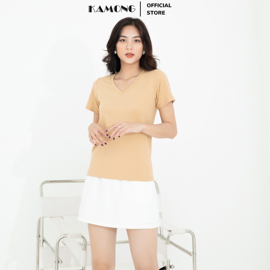 Áo thun nữ cổ tim tay ngắn KAMONG vải cotton 100% cao cấp