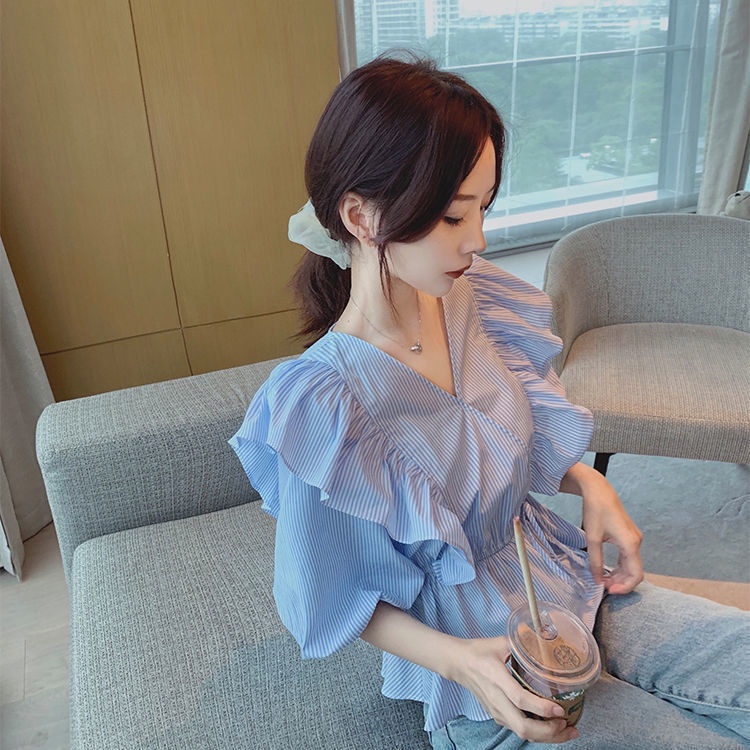 Áo Sơ Mi Tay Ngắn Cổ Chữ V Họa Tiết Kẻ Sọc Màu Xanh Dương Thời Trang Mùa Hè Hàn Quốc Mới 2021 Cho Nữ