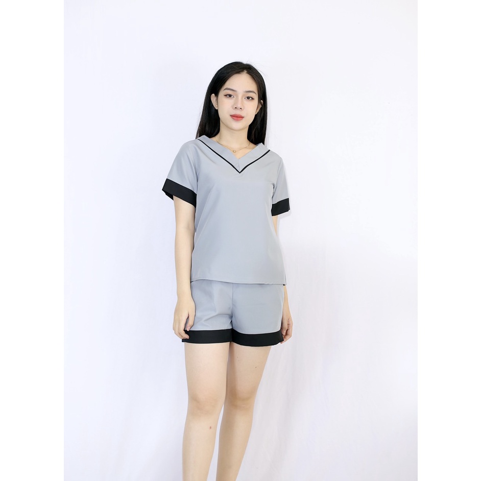 Đồ ngủ nữ mặc nhà D11 XÁM GHI CỔ TIM  set pijama tay ngắn quần ngắn Thoải Mái Nhẹ Nhàng