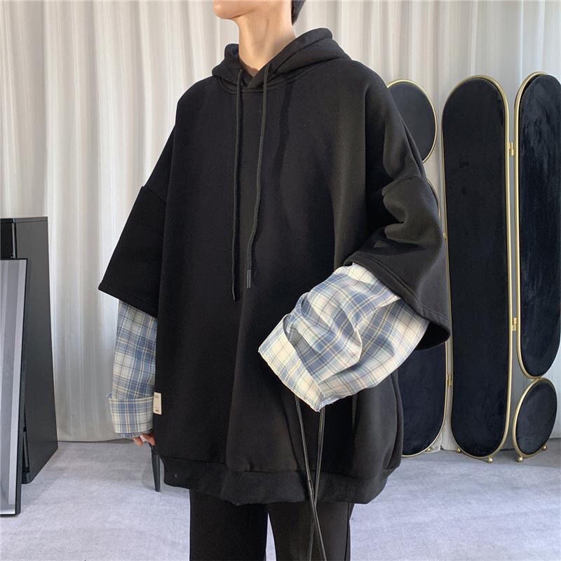 Áo Hoodie Giả Hai Lớp Dáng Rộng Phong Cách Hong Kong Thời Trang Mùa Đông Cho Nam