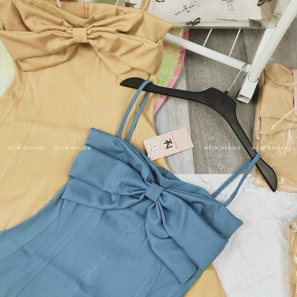 Đầm váy nữ 2 dây dáng xòe dự tiệc trước ngực phối nơ Tapta ( có mút ngực )  tôn dáng trẻ trung sang trọng thanh lịch