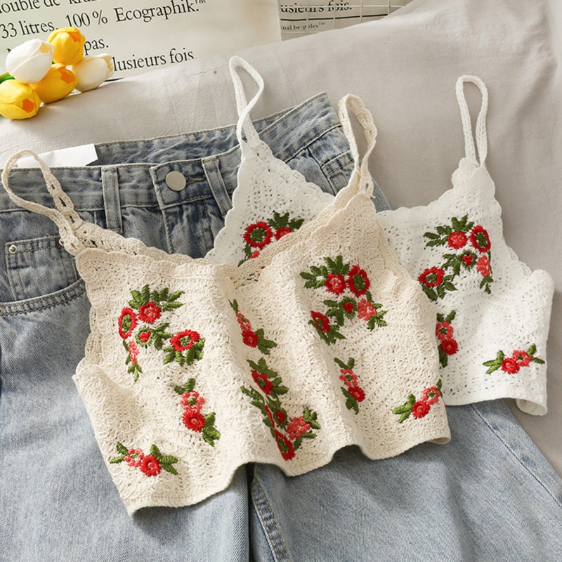 Áo Croptop Dệt Kim Không Tay Thêu Hoa Xinh Xắn Dành Cho Nữ
