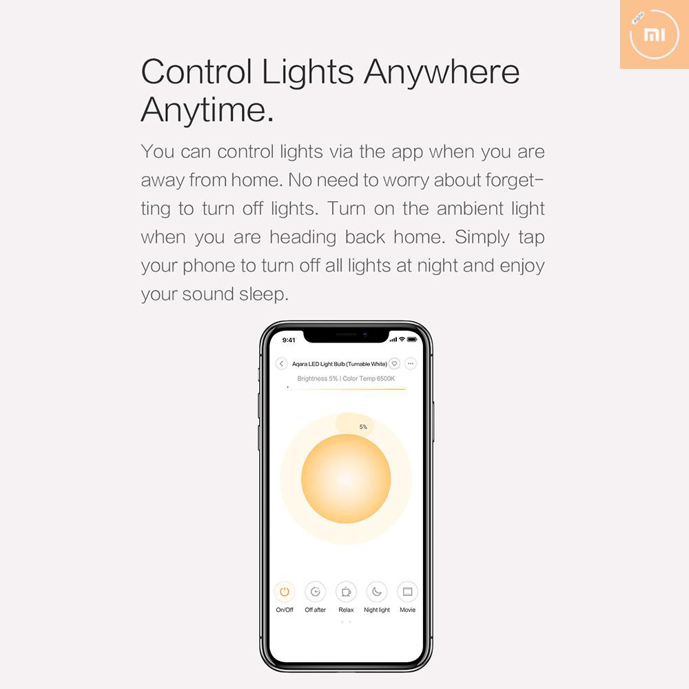 A&M Xiaomi Aqara ZNLDP11LM LED Light Bulb 9W 2700K~6500K 806lm Dimmable Brightness Soft White Light Smart LED Lamp Light Household Devices Home Kit Work for Mijia Siri Google Voice App Remote Control 220-240V