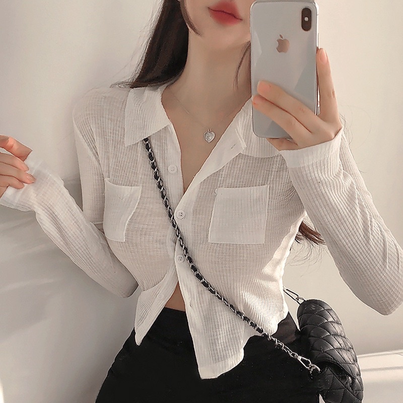 Áo thun gân nữ cổ trụ có túi thật cài cúc màu trơn tay dài dễ phối đồ - Mã: 730 TV-Fashion