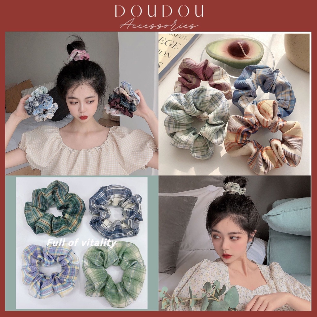 Dây buộc tóc Scrunchies Doudou Dây cột tóc vải hoạ tiết caro mix màu phong cách JK nữ sinh trung học thời trang FQ001