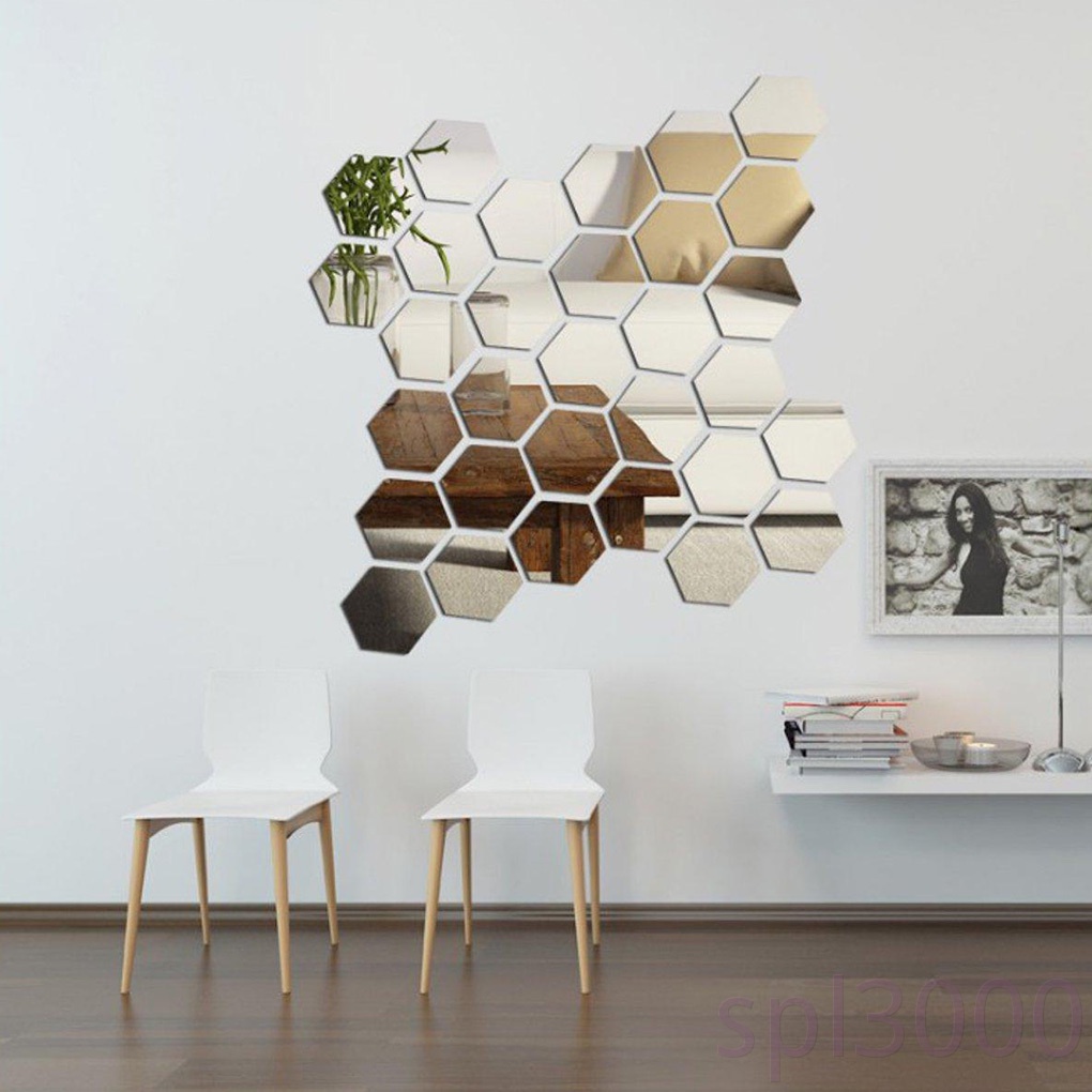 Bộ 12 miếng dán tráng gương hình lục giác bằng acrylic trang trí phòng khách/phòng ngủ/phông nền sau TV