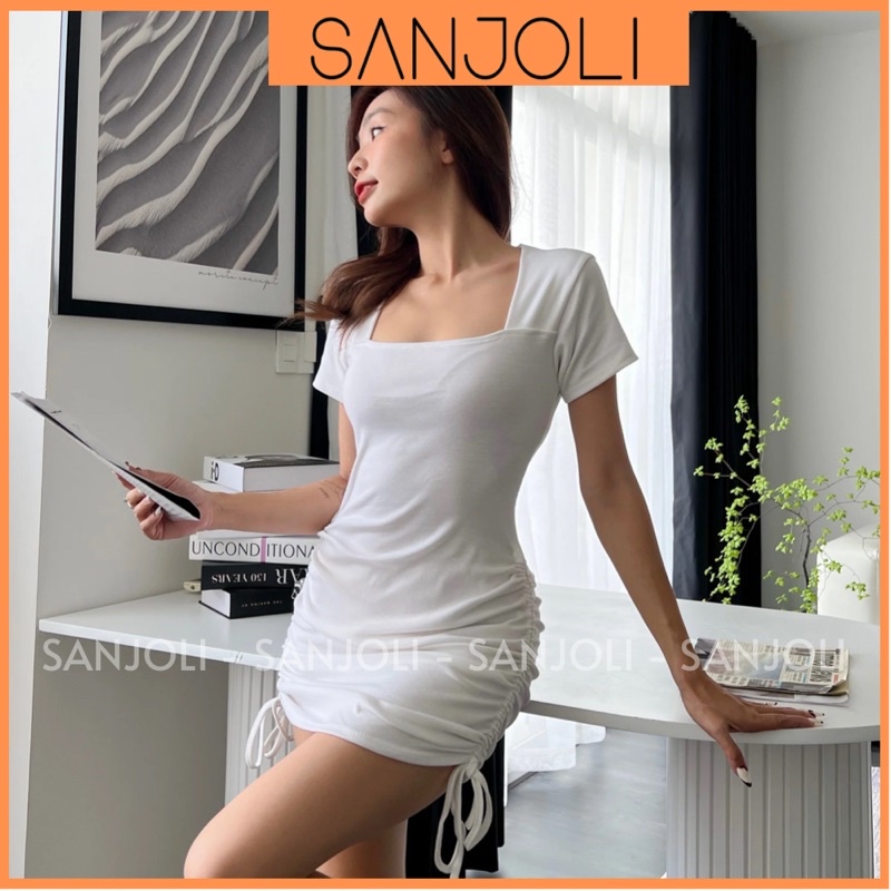 Váy Body Nhún SANJOLI Đầm Ôm Sexy Nữ Cổ Vuông Rút Dây 2 Bên, Dáng Bó Eo Thun Tay Ngắn Thiết Kế Dự Tiệc Trắng Đen VD048