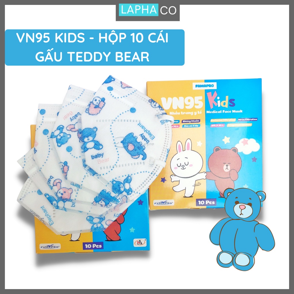 [ VN95 KIDS (N95)- HỘP 10 CÁI] Khẩu trang y tế trẻ em kháng khuẩn 4 lớp Famapro VN95 Kids