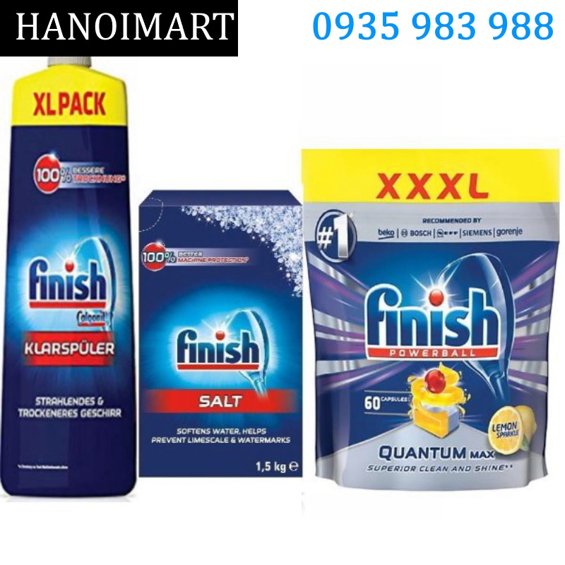 Combo Viên Finish quantum max 60 tabs + Muối Finish 1.5kg + Nước làm bóng bát Finish 750ml, viên rửa bát cao cấp EU
