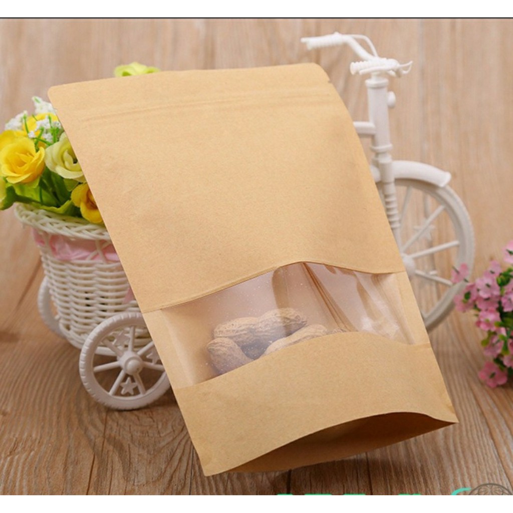 [RẺ NHẤT SHOPEE] 50 cái 9*14+3cm Túi giấy Kraft có cửa sổ kiếng miệng zip chuyên đựng thực phẩm .